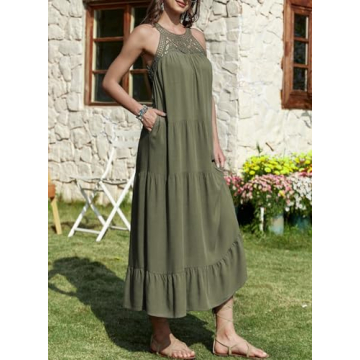 Dokotoo Womens Maxi Dresses Floral Lace Sleeveless Keyhole Flowy Vacation Dresses 2024 Spring Summer Beach Coverup Dresses Casual Halter Sun Dress Green Medium