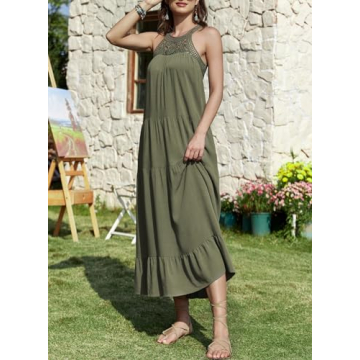 Dokotoo Womens Maxi Dresses Floral Lace Sleeveless Keyhole Flowy Vacation Dresses 2024 Spring Summer Beach Coverup Dresses Casual Halter Sun Dress Green Medium