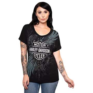 Harley-Davidson Womens Invert Winged B&S Black Short Sleeve Biker Motorcycle Rhinestones T-Shirt (Small)
