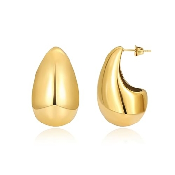 Gold Teardrop Earrings for Women 18K Gold Plated Chunky Teardrop Hoop Earrings Lightweight Waterdrop...