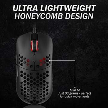 HK Gaming Mira M Ultra Lightweight RGB Gaming Mouse | Honeycomb Shell | 63 Grams | max 12000 cpi | USB Wired | 6 programmable Buttons | On-Board Memory | Anti Slip Grips | Mira-M Black