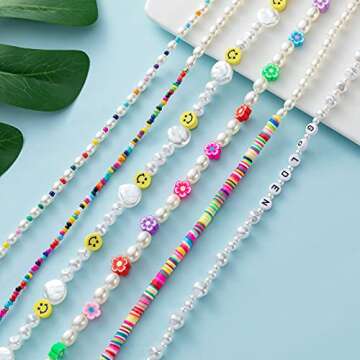 KELAIEN 6PCS Y2k Necklace Smiley Face Flower Choker Necklace for Women Colorful Beads Boho Choker Necklace Cute Y2k Choker Necklace Set for Teen Girls