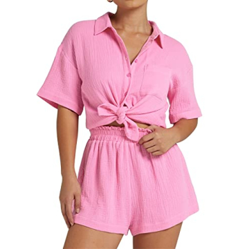 COZYPOIN Women's 2 Piece Casual Outfits Cotton Linen Button Down Shirt Top High Waisted Shorts Set Tracksuit(Pink-M)