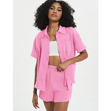 COZYPOIN Women's 2 Piece Casual Outfits Cotton Linen Button Down Shirt Top High Waisted Shorts Set Tracksuit(Pink-M)