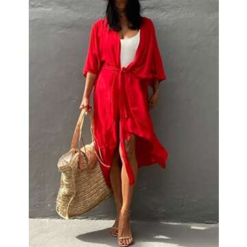 Bsubseach Women Solid Red Long Beach Swimsuit Cover Ups for Swimwear Sexy Bikini Beach Kimono Cardigan
