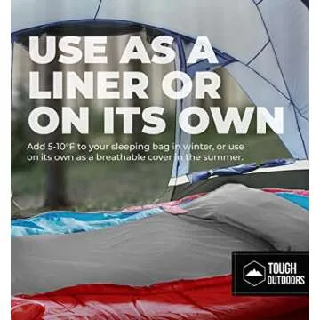 Tough Outdoors Sleeping Bag Liner - Adult Sleep Sack & Travel Sheets for Hotel - Camping Sleeping Bag Liners for Cold Weather - Gray - No Zipper