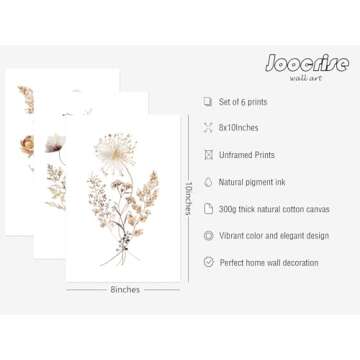 Watercolor Flower Wall Art Set of 6 Botanical Wildflower Wall Decor Boho Neutral Canvas Wall Art Vin...