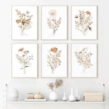 Watercolor Flower Wall Art Set of 6 Botanical Wildflower Wall Decor Boho Neutral Canvas Wall Art Vintage Prints Floral Pictures Minimalist Farmhouse Poster for Room Bedroom 8x10 Inch Unframed