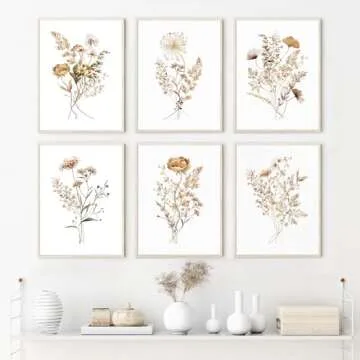 Watercolor Flower Wall Art Set of 6 Botanical Wildflower Wall Decor Boho Neutral Canvas Wall Art Vintage Prints Floral Pictures Minimalist Farmhouse Poster for Room Bedroom 8x10 Inch Unframed