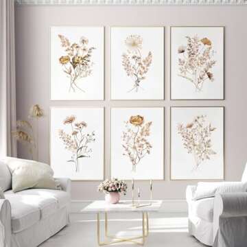 Watercolor Flower Wall Art Set of 6 Botanical Wildflower Wall Decor Boho Neutral Canvas Wall Art Vintage Prints Floral Pictures Minimalist Farmhouse Poster for Room Bedroom 8x10 Inch Unframed