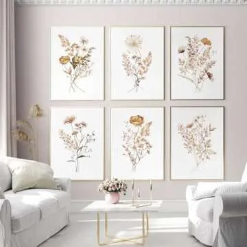 Watercolor Flower Wall Art Set of 6 Botanical Wildflower Wall Decor Boho Neutral Canvas Wall Art Vintage Prints Floral Pictures Minimalist Farmhouse Poster for Room Bedroom 8x10 Inch Unframed