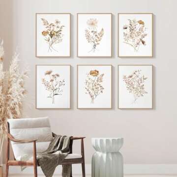 Watercolor Flower Wall Art Set of 6 Botanical Wildflower Wall Decor Boho Neutral Canvas Wall Art Vintage Prints Floral Pictures Minimalist Farmhouse Poster for Room Bedroom 8x10 Inch Unframed