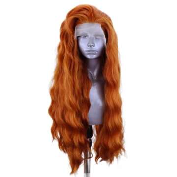 ELESTY 13 * 4 Ginger Orange Hair Synthetic Lace Front Wigs for Women Long Wavy Pre Plucked Natural Hairline Glueless Lace Front Wig Loose Curly Heat Resistant Fiber Hair Daily Party Lace Wig 24Inch