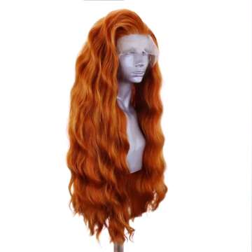 ELESTY 13 * 4 Ginger Orange Hair Synthetic Lace Front Wigs for Women Long Wavy Pre Plucked Natural Hairline Glueless Lace Front Wig Loose Curly Heat Resistant Fiber Hair Daily Party Lace Wig 24Inch