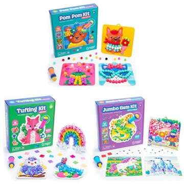 Educational Insights Pom Pom Kit, Tufting Kit and Jumbo Gem Art Kit, Set of 3 Art Kits