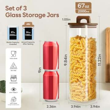 HFIOUDEI Glass Storage Containers With Lids, 3 Set of 67oz Food Jars With Acacia Wood Lids, Glass Canister for Pantry Oat Spaghetti Pasta Cookie Flour Cereal Rice Sugar Tea Coffee Beans