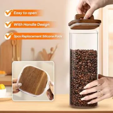 HFIOUDEI Glass Storage Containers With Lids, 3 Set of 67oz Food Jars With Acacia Wood Lids, Glass Canister for Pantry Oat Spaghetti Pasta Cookie Flour Cereal Rice Sugar Tea Coffee Beans