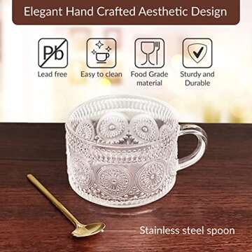 Oliver&CO Vintage Glass Coffee Mug Set with Elegant Gold Stirring Spoons, 4 Pc. Set, Clear Embossed ...