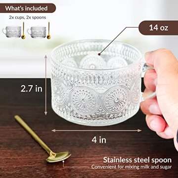 Oliver&CO Vintage Glass Coffee Mug Set with Elegant Gold Stirring Spoons, 4 Pc. Set, Clear Embossed Glassware for Cappuccino, Espresso, Parfaits, Tea, and Hot or Cold Food and Drinks