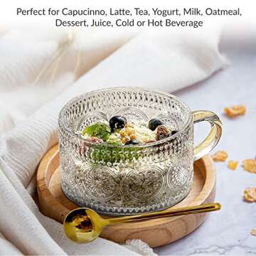 Oliver&CO Vintage Glass Coffee Mug Set with Elegant Gold Stirring Spoons, 4 Pc. Set, Clear Embossed Glassware for Cappuccino, Espresso, Parfaits, Tea, and Hot or Cold Food and Drinks