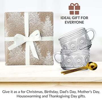 Oliver&CO Vintage Glass Coffee Mug Set with Elegant Gold Stirring Spoons, 4 Pc. Set, Clear Embossed Glassware for Cappuccino, Espresso, Parfaits, Tea, and Hot or Cold Food and Drinks