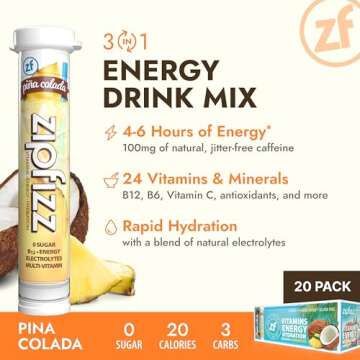 Zipfizz Daily Energy Drink Powder, Pina Colada, 20 Pack | 3-in-1 Sustained Energy, Rapid Hydration, ...
