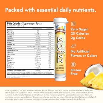 Zipfizz Daily Energy Drink Powder, Pina Colada, 20 Pack | 3-in-1 Sustained Energy, Rapid Hydration, and Essential Vitamins | Sugar-Free | Electrolyte Powder | Contains Vitamin B-12 & Antioxidants