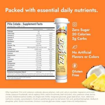 Zipfizz Daily Energy Drink Powder, Pina Colada, 20 Pack | 3-in-1 Sustained Energy, Rapid Hydration, and Essential Vitamins | Sugar-Free | Electrolyte Powder | Contains Vitamin B-12 & Antioxidants