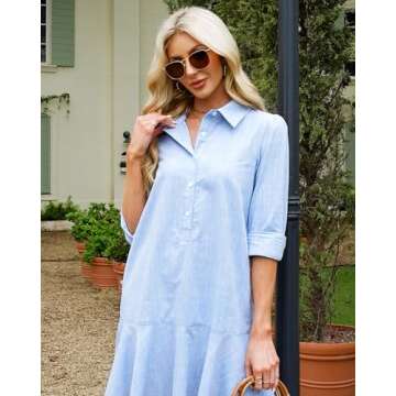 YEXPINE Women's Tunic Shirt Mini Dress Long Sleeve Cotton Short Dress Button Up Ruffle Hem Shift Dre...