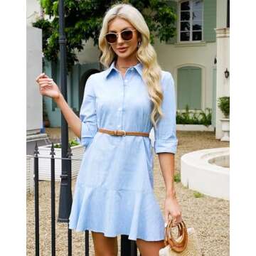 YEXPINE Women's Tunic Shirt Mini Dress Long Sleeve Cotton Short Dress Button Up Ruffle Hem Shift Dresses Blue
