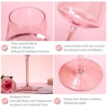Pink Wine Glasses Set of 6-18oz Hand Blown Crystal Colored Wine Glasses with Long Stem, Pink Wine Glass for Wine Lovers, Wedding, Birthday Valentines Day Gifts for Women
