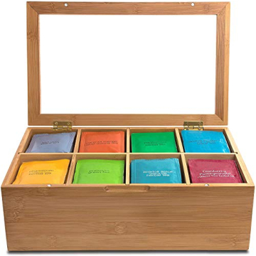 Bamboo Tea Organizer with Magnetic Lid and Adjustable Compartments