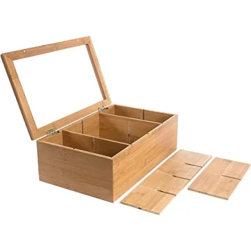 Bamboo Tea Organizer with Magnetic Lid and Adjustable Compartments
