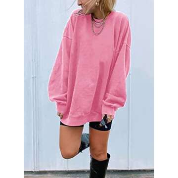 Ebifin Women's Oversized Long Sleeve Sweatshirts Pure Color Round Neck Casual Pullover Shirt Pink
