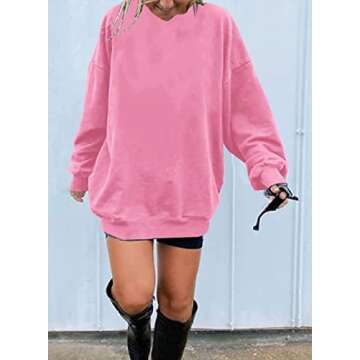 Ebifin Women's Oversized Long Sleeve Sweatshirts Pure Color Round Neck Casual Pullover Shirt Pink