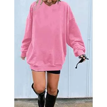 Ebifin Women's Oversized Long Sleeve Sweatshirts Pure Color Round Neck Casual Pullover Shirt Pink