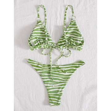 SOLY HUX Women's Print Tie Back Triangle Bikini Bathing Suits 2 Piece Swimsuits Green Zebra L