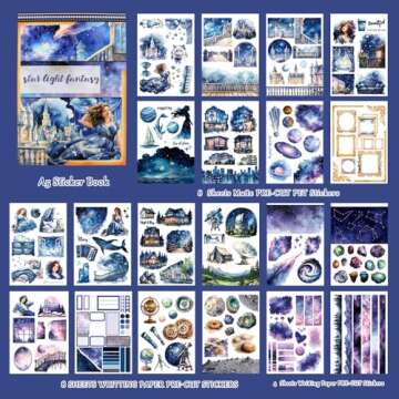 Dwpetzo Star Light Fantacy Sticker Book for Journaling Collage, 20 Sheets Precut PET Washi Matte Pap...