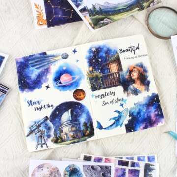 Dwpetzo Star Light Fantacy Sticker Book for Journaling Collage, 20 Sheets Precut PET Washi Matte Paper Materials Stickers for Scrapbooking, Junk Journal Supplies, Planner