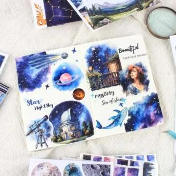 Dwpetzo Star Light Fantacy Sticker Book for Journaling Collage, 20 Sheets Precut PET Washi Matte Paper Materials Stickers for Scrapbooking, Junk Journal Supplies, Planner