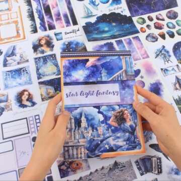 Dwpetzo Star Light Fantacy Sticker Book for Journaling Collage, 20 Sheets Precut PET Washi Matte Paper Materials Stickers for Scrapbooking, Junk Journal Supplies, Planner