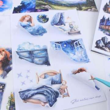 Dwpetzo Star Light Fantacy Sticker Book for Journaling Collage, 20 Sheets Precut PET Washi Matte Paper Materials Stickers for Scrapbooking, Junk Journal Supplies, Planner