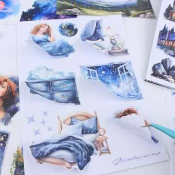 Dwpetzo Star Light Fantacy Sticker Book for Journaling Collage, 20 Sheets Precut PET Washi Matte Paper Materials Stickers for Scrapbooking, Junk Journal Supplies, Planner