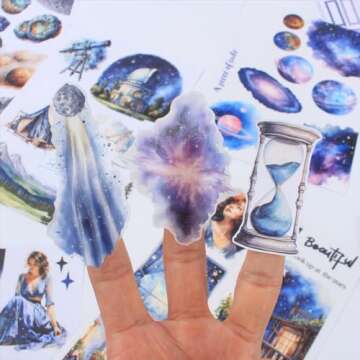 Dwpetzo Star Light Fantacy Sticker Book for Journaling Collage, 20 Sheets Precut PET Washi Matte Paper Materials Stickers for Scrapbooking, Junk Journal Supplies, Planner