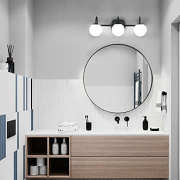 ZHUOER Modern Black Bathroom Vanity Light Fixtures 3 Lights Frame and Milk White Glass Globe Shade M...