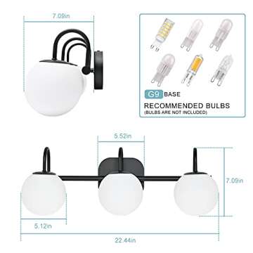 ZHUOER Modern Black Bathroom Vanity Light Fixtures 3 Lights Frame and Milk White Glass Globe Shade Modern Wall Sconce Lighting Bath Vanity Lights Bar Over Mirror (Exclude G9 Bulb)