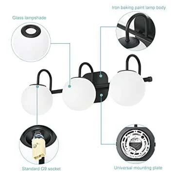 ZHUOER Modern Black Bathroom Vanity Light Fixtures 3 Lights Frame and Milk White Glass Globe Shade Modern Wall Sconce Lighting Bath Vanity Lights Bar Over Mirror (Exclude G9 Bulb)