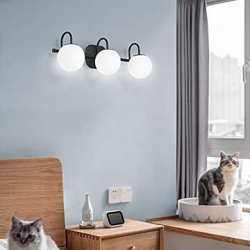 ZHUOER Modern Black Bathroom Vanity Light Fixtures 3 Lights Frame and Milk White Glass Globe Shade Modern Wall Sconce Lighting Bath Vanity Lights Bar Over Mirror (Exclude G9 Bulb)