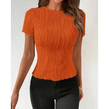 PRETTYGARDEN Women's Summer Tops 2025 Casual Short Sleeve Crewneck Slim Fit T Shirts Basic Knit Y2K Top Textured Blouse(Orange Red,X-Large)