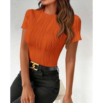 PRETTYGARDEN Women's Summer Tops 2025 Casual Short Sleeve Crewneck Slim Fit T Shirts Basic Knit Y2K Top Textured Blouse(Orange Red,X-Large)